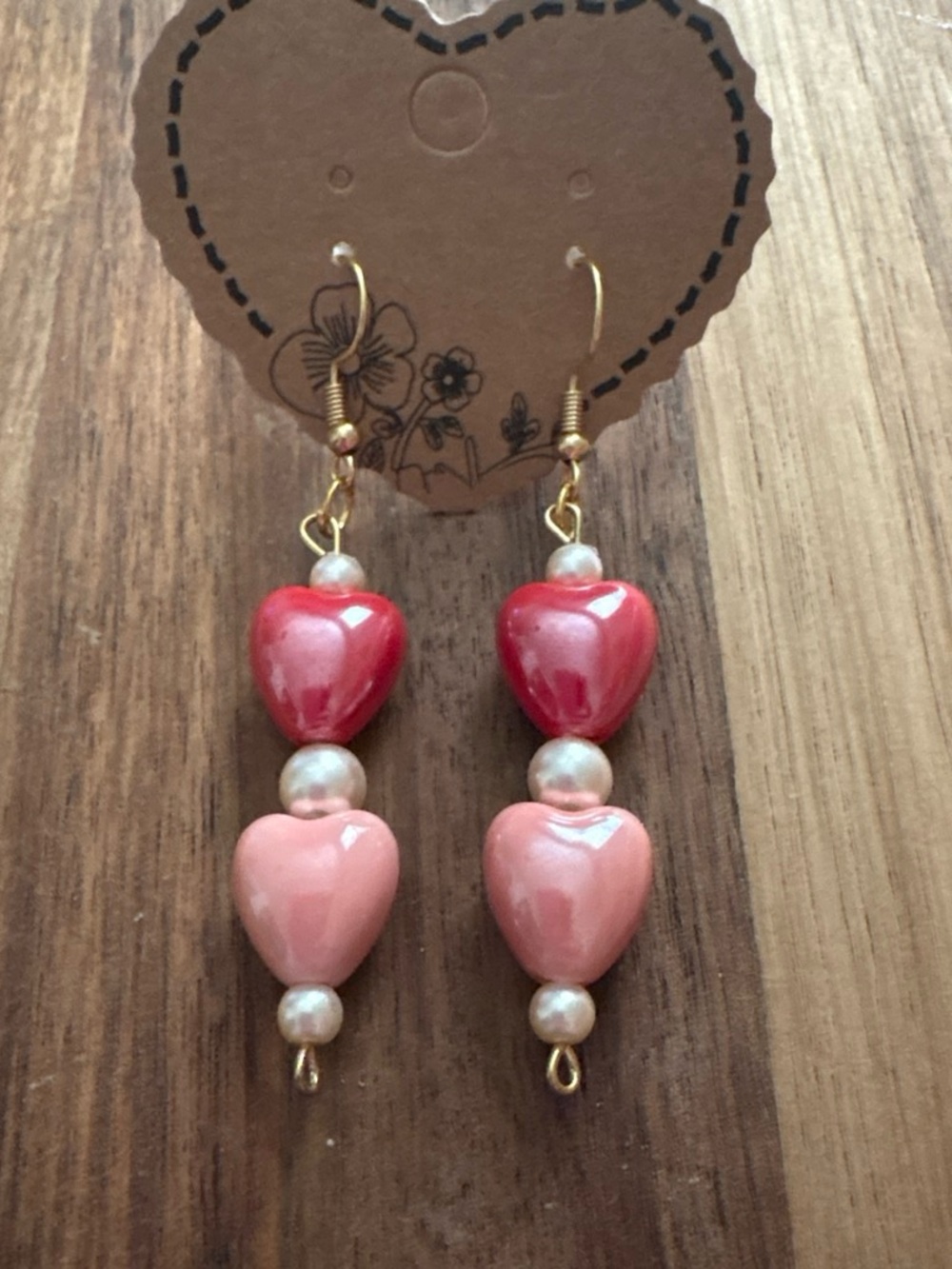 Gold-Tone Red and Pink Heart Drop Earrings